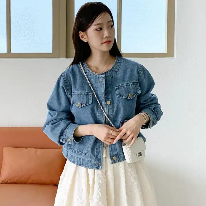 Botvotee Denim Jean veste pour femmes Vintage poche col rond manches longues bouton Dowm