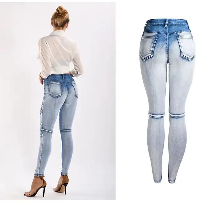 Jean femme Denim crayon pantalon Vintage en détresse lavé maigre Stretch taille moyenne poches