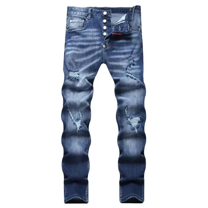 2025 hommes déchiré jean marque de luxe bleu clair trous pantalons longs qualité mâle mode Stretch mince pantalon