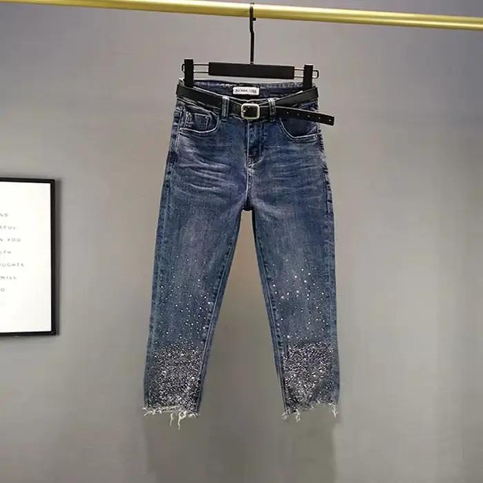 Jean coton denim élastique femme décontracté haute taille printemps été pantalon longueur mollet carreaux détails élégants occassions variées