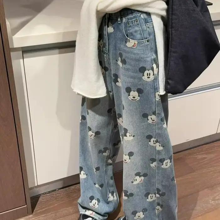 Jeans pour filles de style rétro américain Pantalon ample décontracté pour l'automne printemps impression de dessins animés matériaux coton polyesters adapté aux adolescents occasions sportives cadeaux