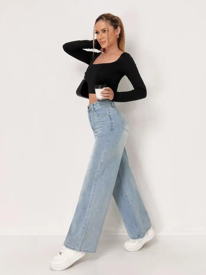 Jean à jambes larges bleu délavé pour femme