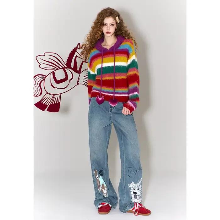 ELFSACK Jeans à jambes larges à imprimé animal graffiti tendance pour femme