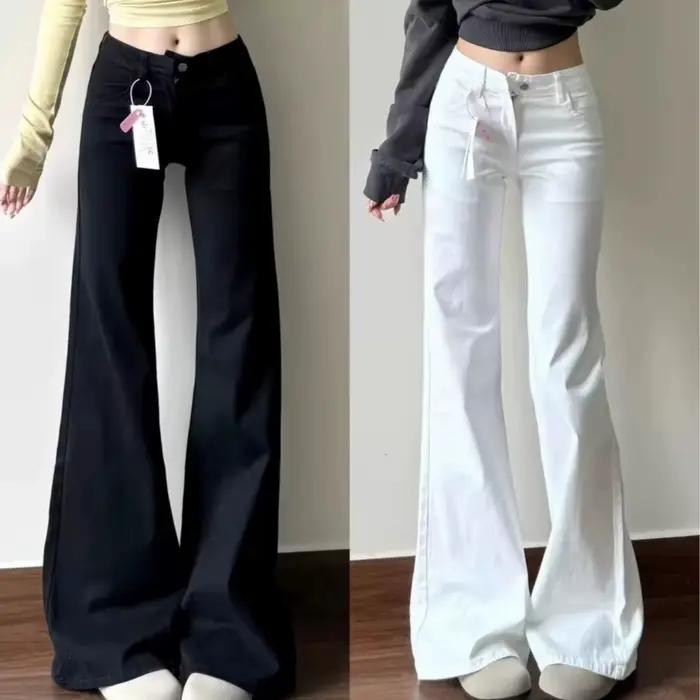 Jean évasé taille basse pour femme, style Hong Kong, polyvalent, amincissant, coupe cloche, élégant pour le quotidien, en coton mixte, pour toutes les saisons
