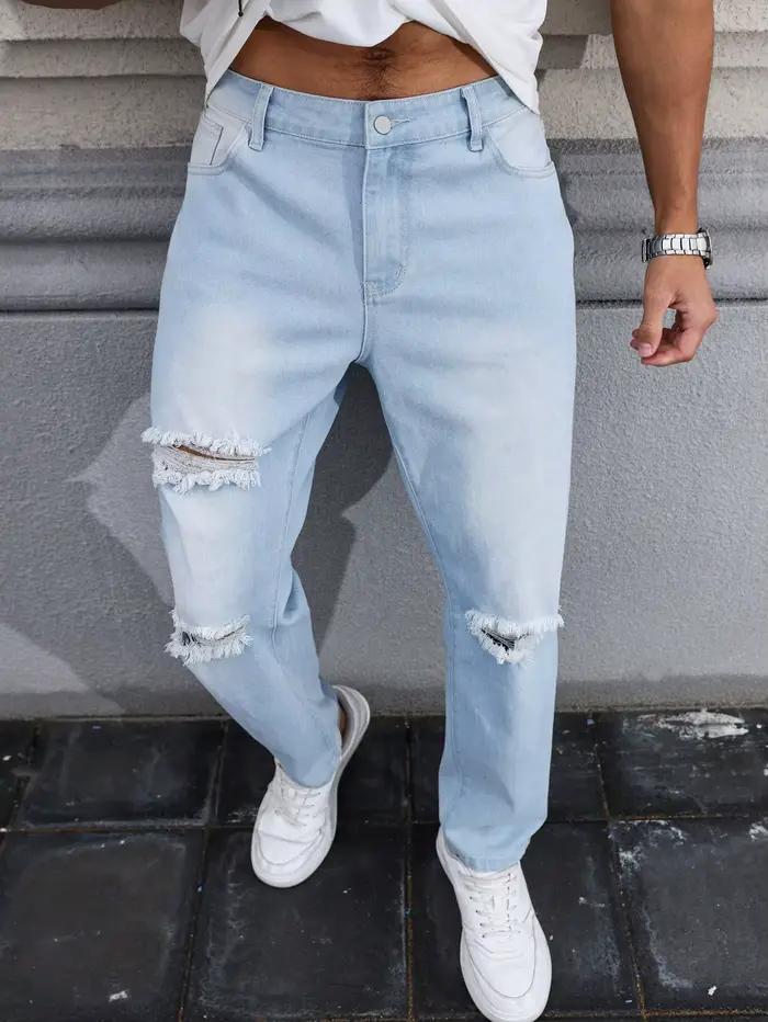 Jean déchiré bleu clair pour homme pour le printemps et l'automne. Pantalon