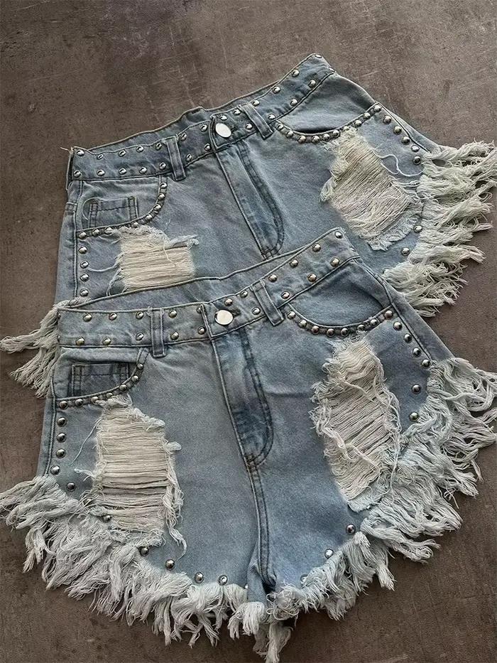 Jean court en Denim pour femme avec pompon