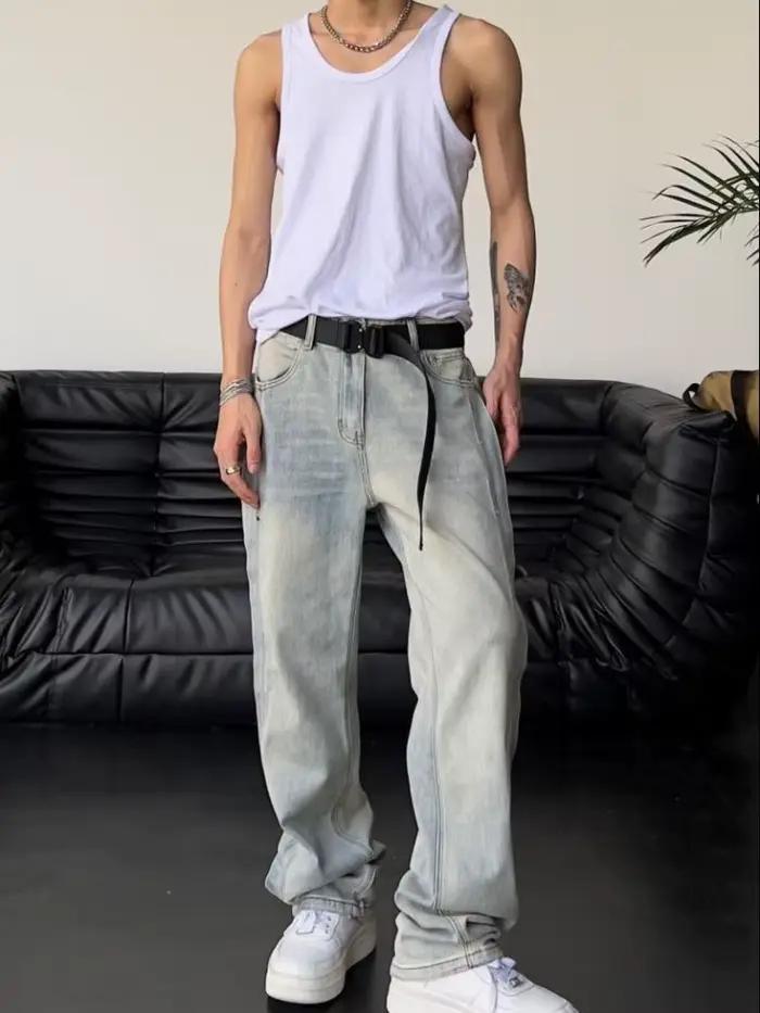 Jean pour hommes ample bleu clair Baggy droit homme Cowboy pantalon Punk épissé Y2k Vintage