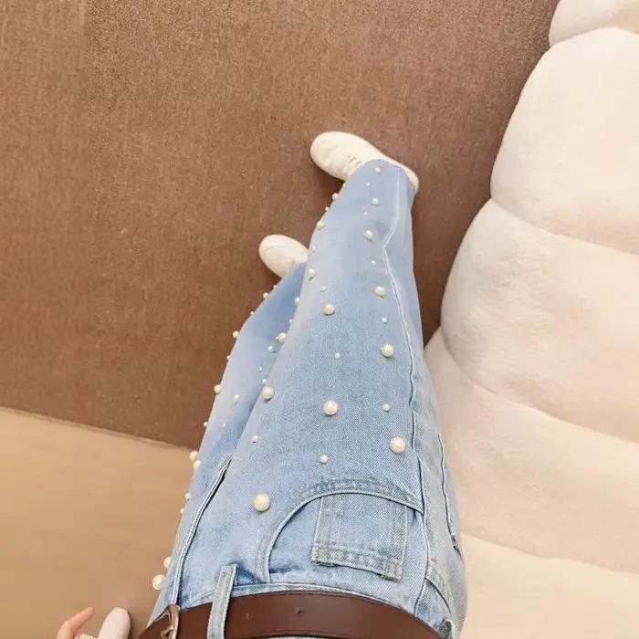 Nouveau jean décontracté à jambes larges femme polyester orné de perles main collection printemps été polyvalent occasions spéciales