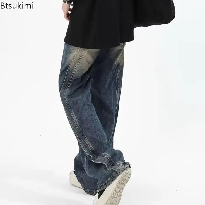 Nouveaux hommes jeans jambes larges rétro décontracté délavé bleu noir gris pantalons mode casual homme occasionnels sorties événements sportifs