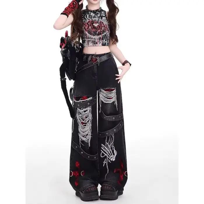 Style américain épicé fille lâche paresseux et détendu denim pantalon femme punk rétro lavé à la mode polyvalent pantalons décontractés