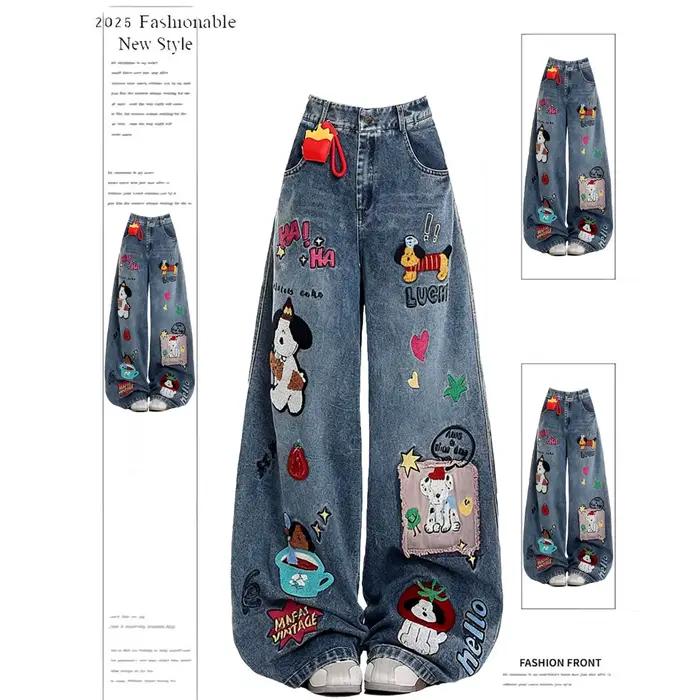 Jeans Rétro Américains Brodés Style Cartoon pour Hommes et Femmes – Coupe Ample Décontractée à Jambes Larges pour Couples