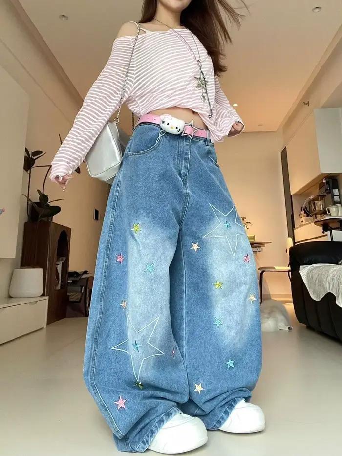 Jean brodé étoile Style de rue Vintage pour femmes