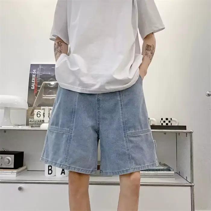 Été rétro bleu décontracté épissé Denim Shorts pour hommes Harajuku Hip Hop mode Baggy Jorts Y2K Streetwear droite bermuda jean