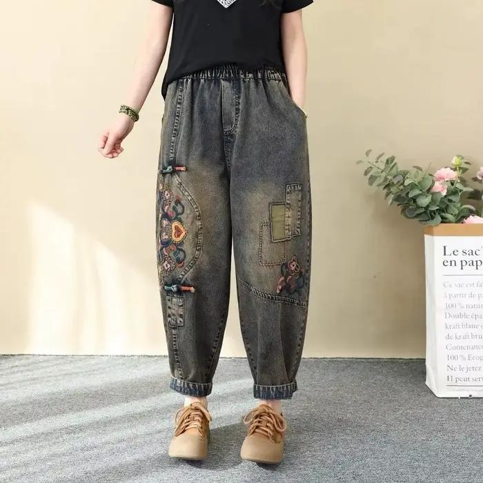 Jean brodé rétro artistique pour femme pantalon denim ample taille haute élastique décontracté pour printemps été ocassions spéciales