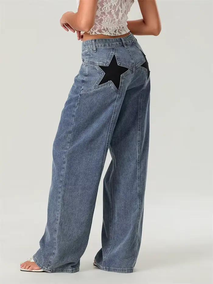 Femmes mode jean étoile motif lâche Denim pantalon printemps automne décontracté taille basse