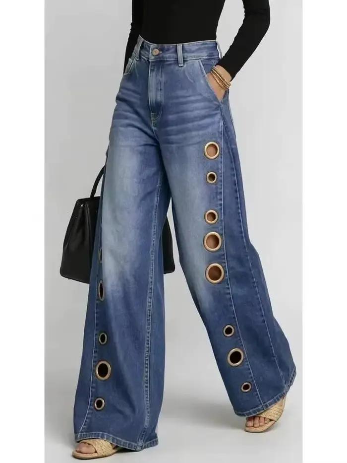 Jeans UCXQ femmes décontractés uni à jambes larges boutons à œillets taille haute polyvalents nouvelle collection été 2026
