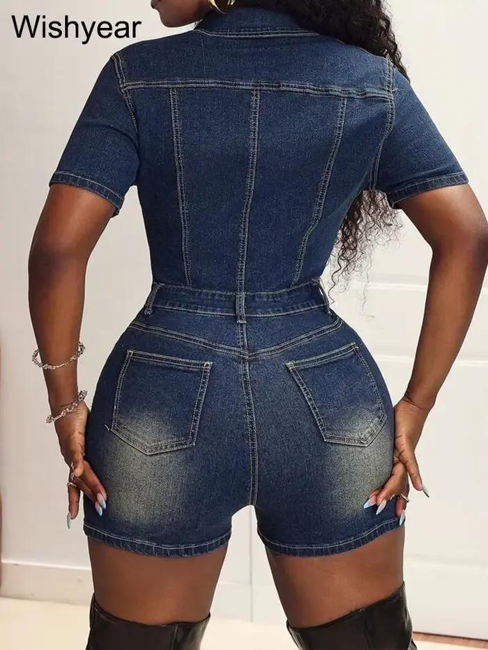Mode Denim Shorts combinaisons pour femmes lavage manches courtes boutons combishorts une pièce barboteuses femme Streetwear salopette