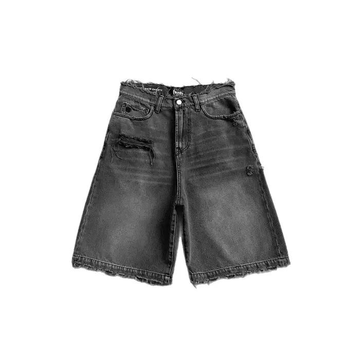 Shorts en jean noir délavé, style streetwear hip-hop, déchirés, pour l'été