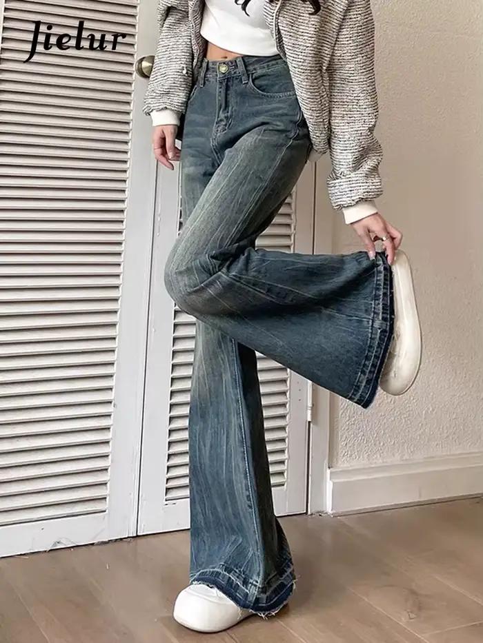 Jielur-Jean Slim Décontracté Vintage Bleu pour Femme