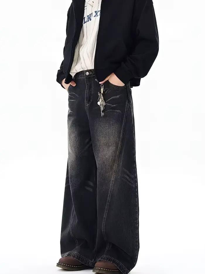 Vintage noir lavé Baggy jean pantalon hommes jambe large lame incurvée