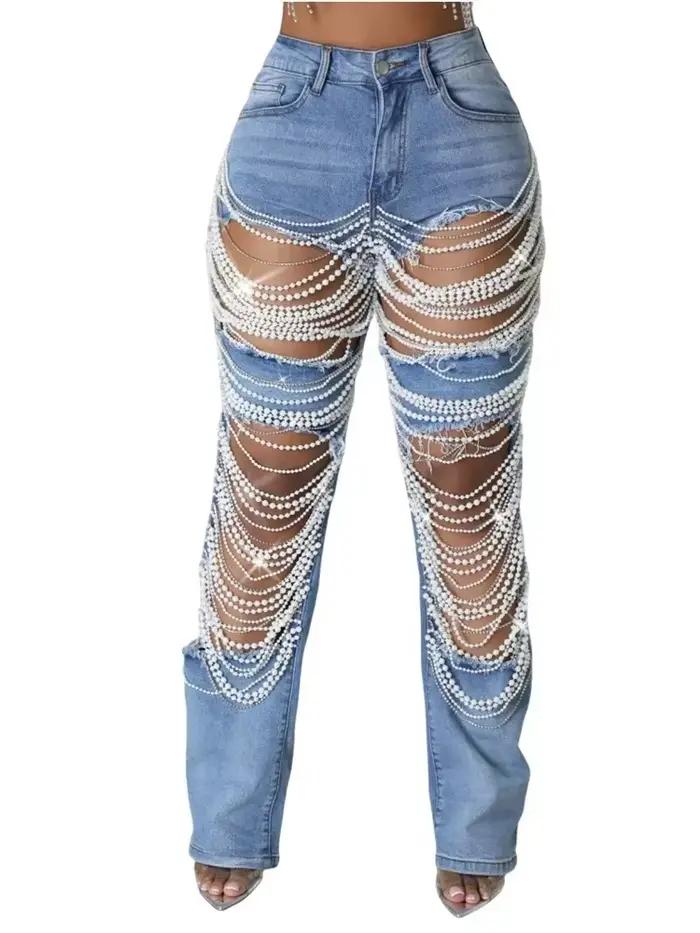 Pantalon en denim déchiré Wmstar style boyfriend pour femmes occassions quotidiennes et évènements informels