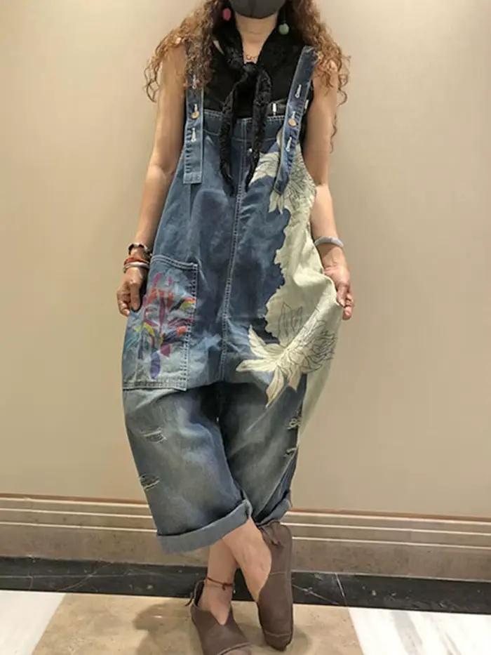 Femmes mode salopette dames été imprimé Denim Pantalons Vintage Jeans décontractés