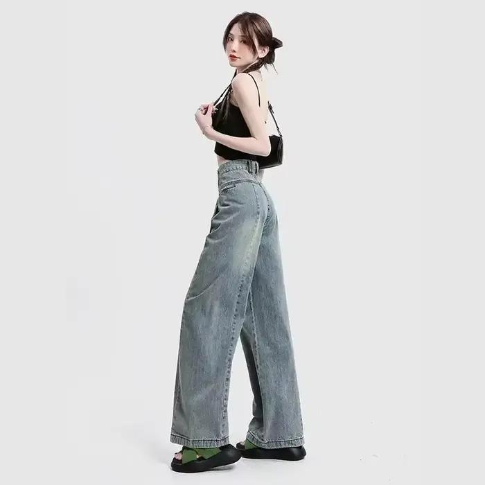 Jean en denim bleu rétro à jambe large pour femme