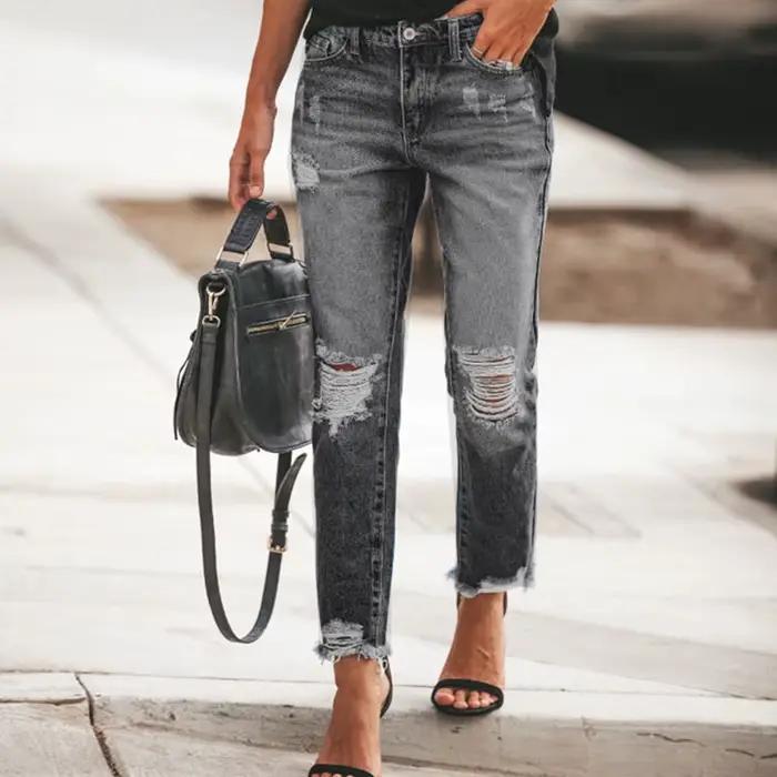 Pantalon en denim déchiré pour femme, jean slim, style décontracté, coupe haute, adoucissant, idéal pour le bureau et les soirées