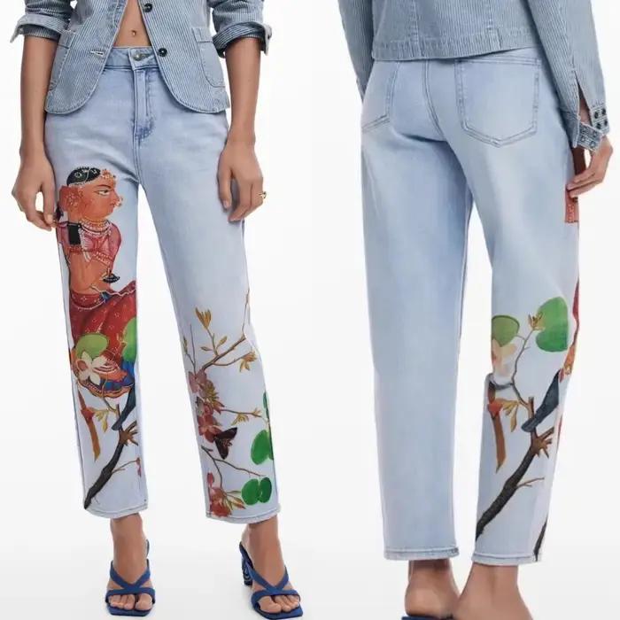 Jeans pour femmes, style original européen, américain, espagnol, imprimé couleur contrastée, pantalon court décontracté élastique de style créateur