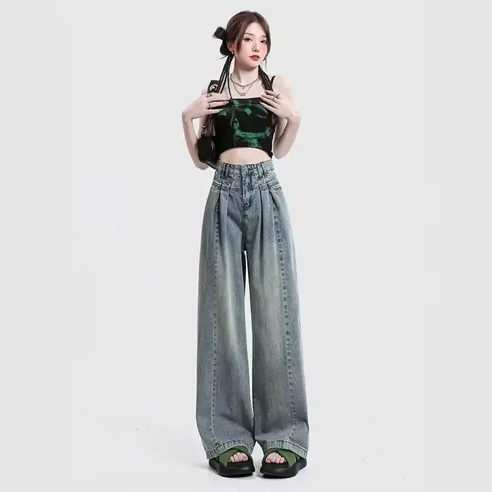 Jean en denim bleu rétro à jambe large pour femme