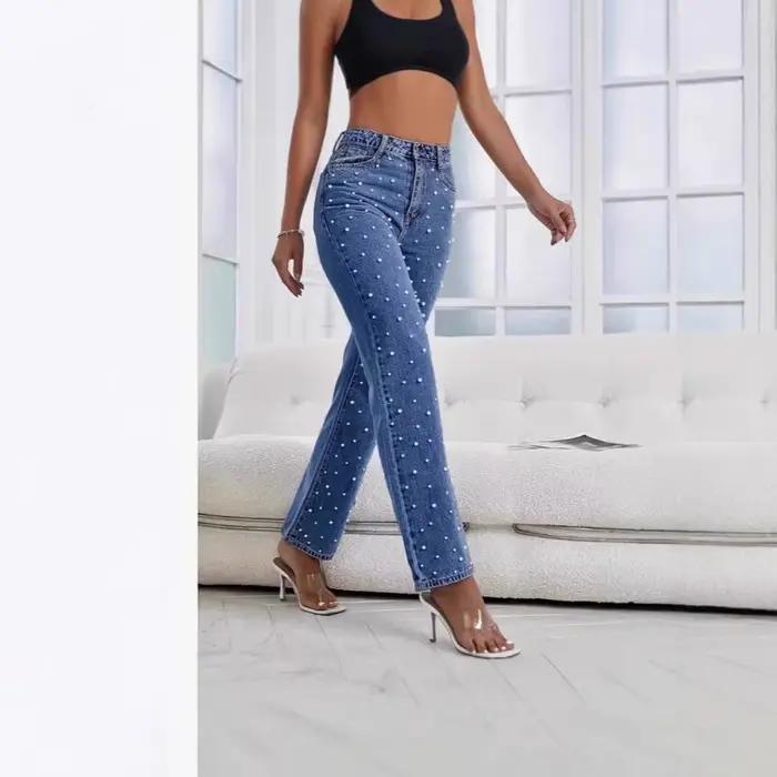 Nouveau pantalon en jean délavé perlé pour femme Printemps-Été 2026