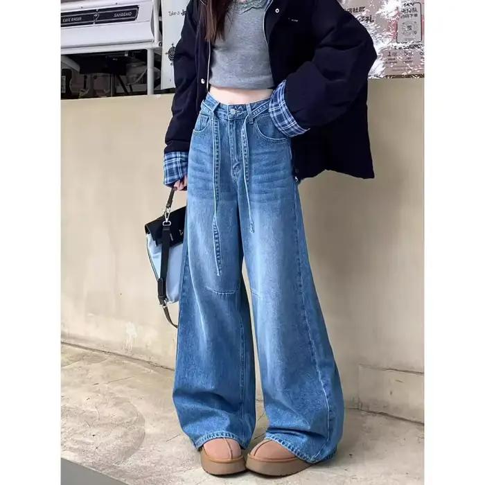 Jeans à jambes larges pour femmes Taille haute avec détail de cordon de serrage Coupe ample
