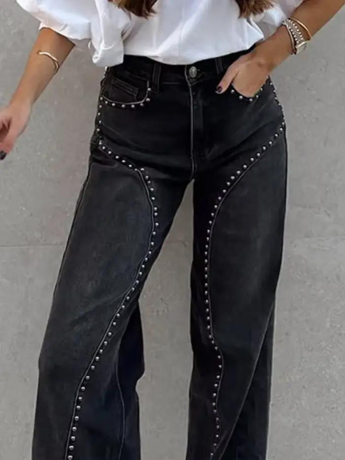 Jean femme métal Rivet pantalon droit rue