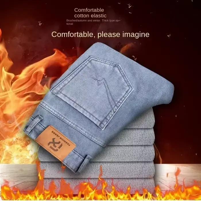 Hiver polaire épais chaud jean classique marque affaires décontracté hommes ajusté droit Stretch taille mi-haute Denim