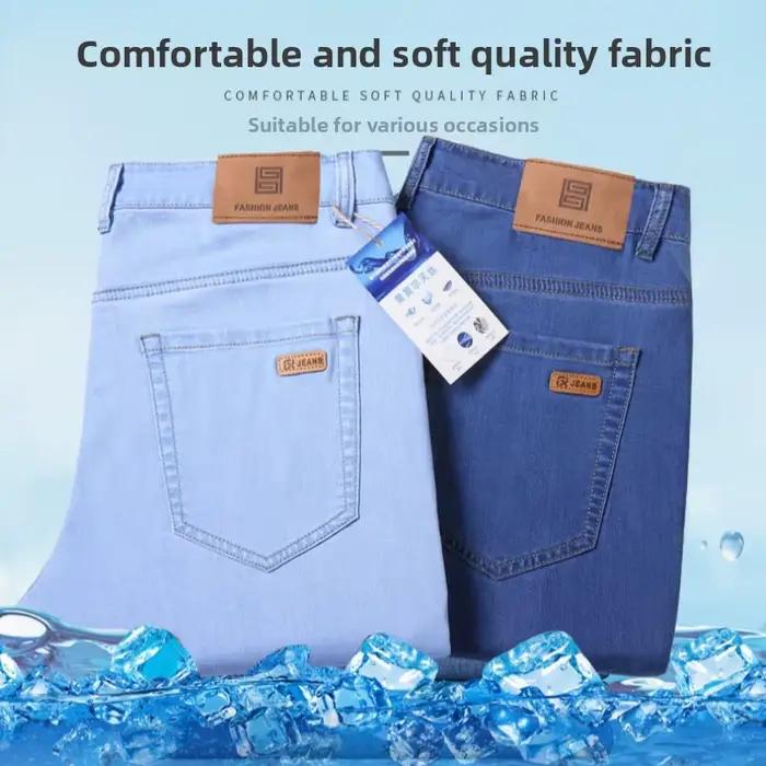 Pantalon en jean WTHINLEE 70% Lyocell coupe droite style soie glacée bleu clair extensible pour hommes occassions printemps été