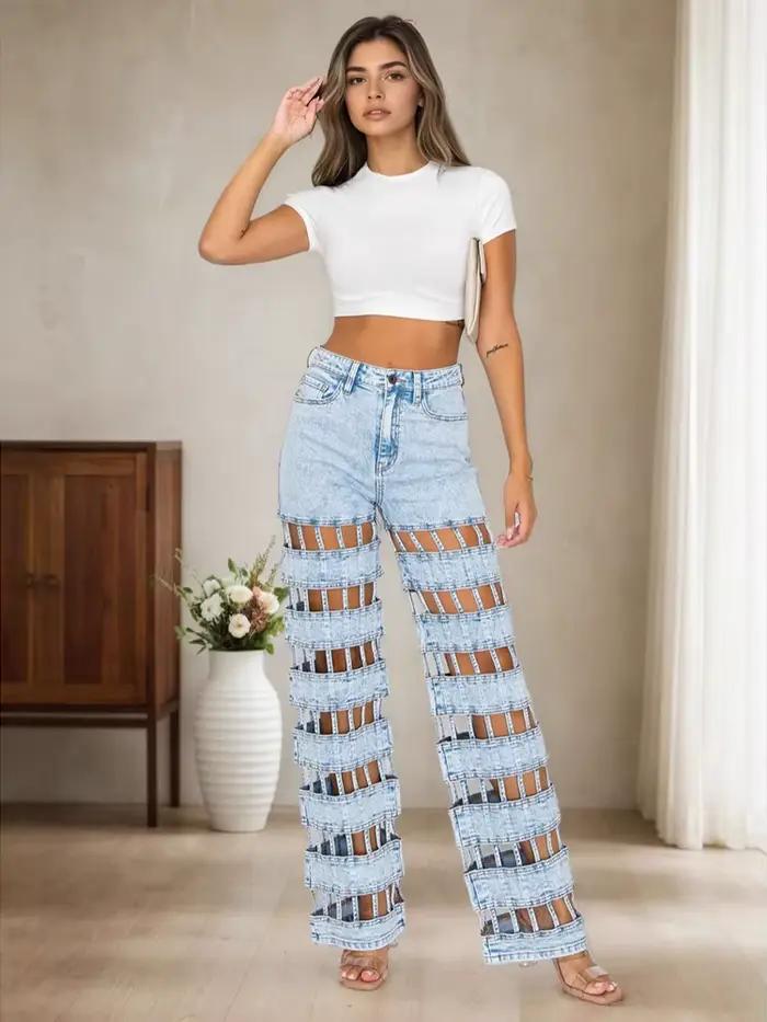 Mode évider Denim pantalon femme couleur unie taille haute jambe large jean