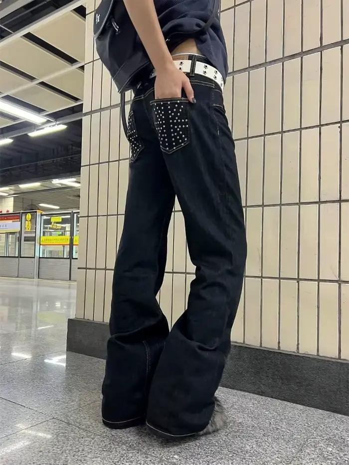 Deeptown Vintage strass femmes jean Y2k Harajuku taille basse Style américain pantalon en Denim droit Baggy Grunge Gyaru rue