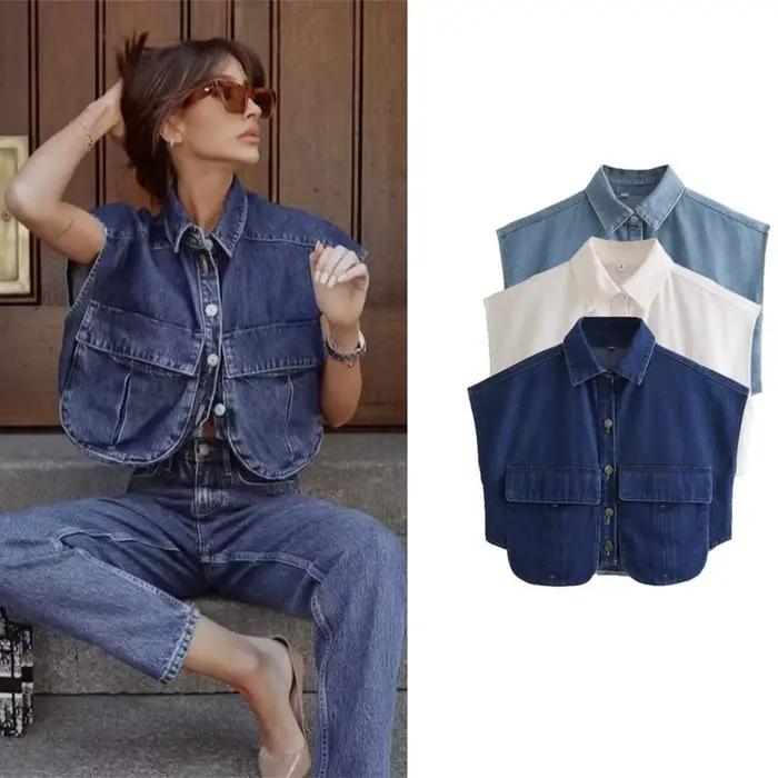 Chemisier court en denim décontracté avec col rabattu et poches pour femmes de style streetwear, polyvalent pour toutes les saisons
