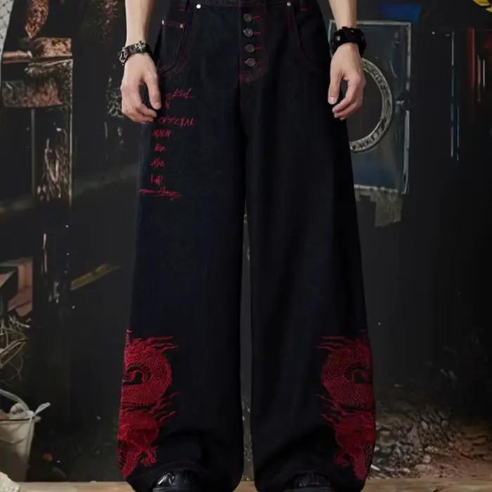 Nouveau Jean Baggy Brodé Dragon Rouge 2026 pour Hommes – Style Y2K Streetwear Punk