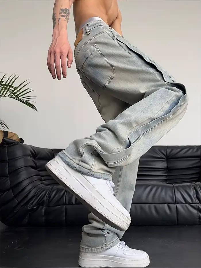 Jean pour hommes ample bleu clair Baggy droit homme Cowboy pantalon Punk épissé Y2k Vintage