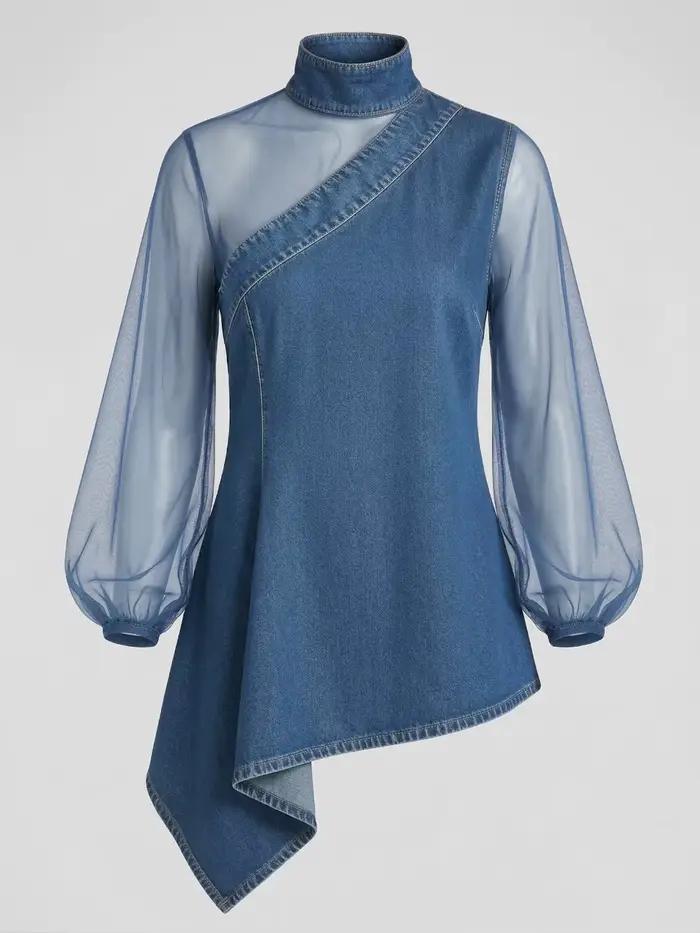 Chemisier asymétrique en jean pour femme avec manches longues en maille transparente col montant ourlet irrégulier haut tendance printemps été haute street