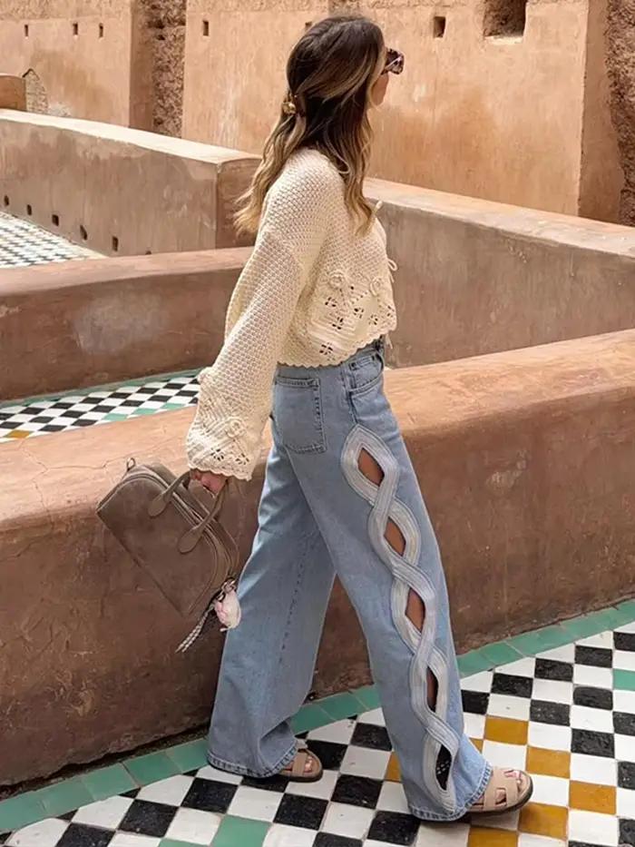Jean large en denim ajouré pour femme