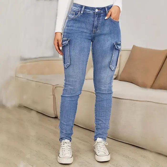 Jean crayon pantalon femmes Vintage Denims plusieurs poches taille basse lavé en détresse Stretch Streetwear cheville