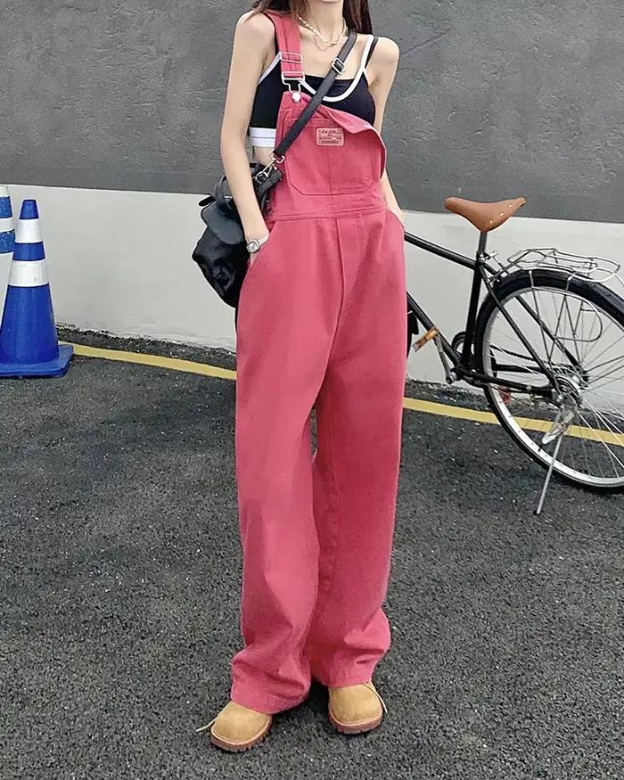 Jeans femmes 2025 été Style lâche filles rose pantalon à jambes larges combinaison coréenne décontracté denim salopette