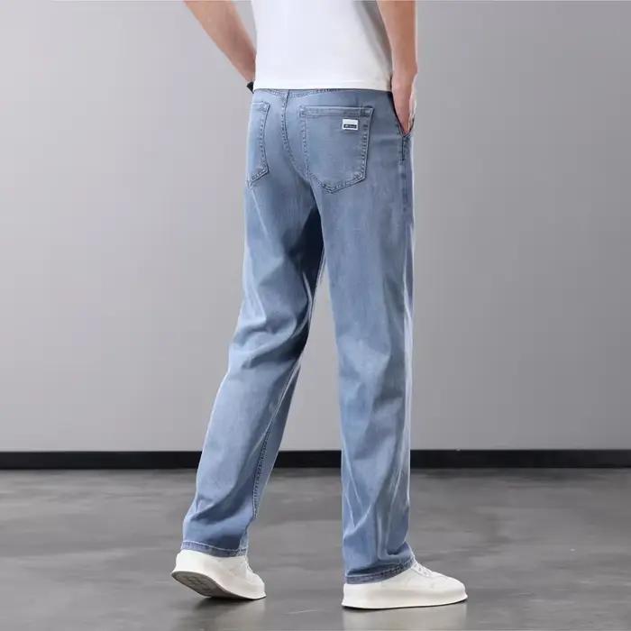 Été mince hommes jean Lyocell tissu doux respirant droit Denim pantalon marque homme élastique glace soie