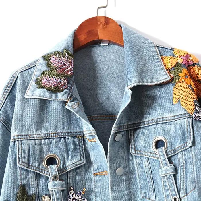 Veste en jean brodée de fleurs pour femmes