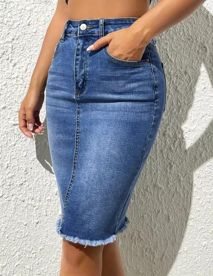 Jupe en jean Slim à bord brut pour femmes