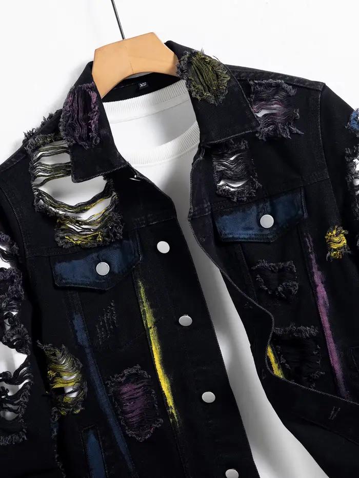 Veste en jean déchiré noir pour homme pour le printemps et l'automne. Éclaboussures de peinture aléatoires.