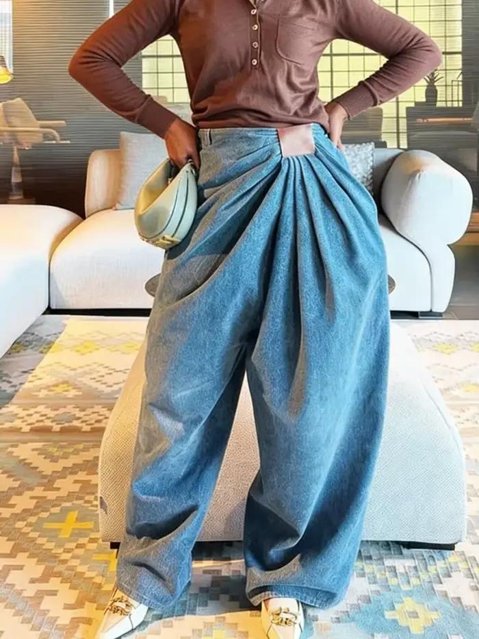 SHENGPALAE Jean large asymétrique en PU style européen et américain avec ceinture à nouer pour femme