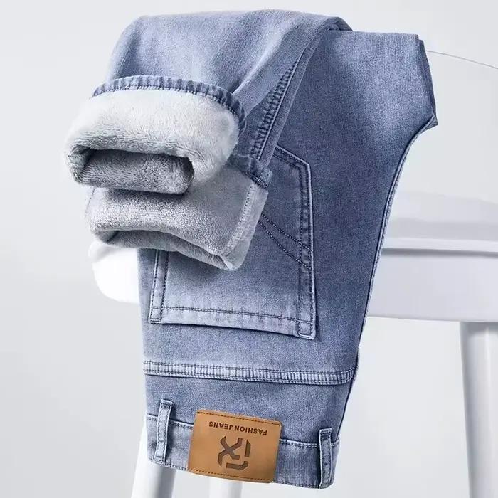 Hiver polaire épais chaud jean classique marque affaires décontracté hommes ajusté droit Stretch taille mi-haute Denim